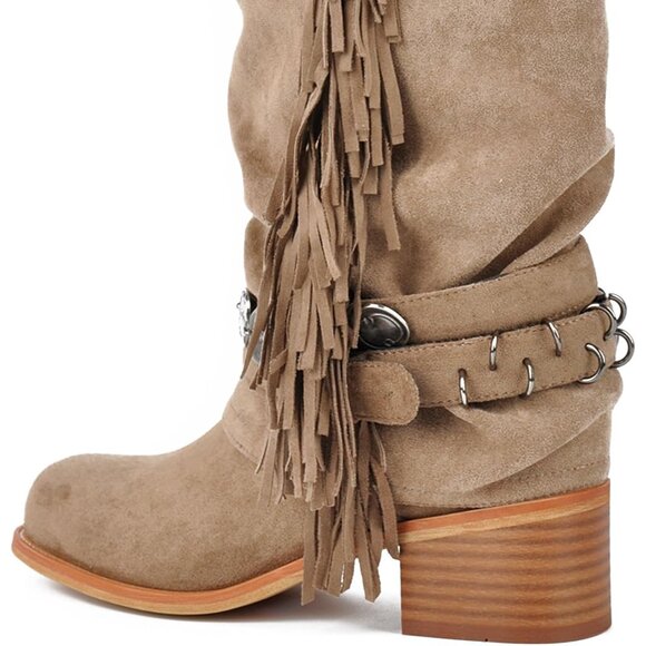 ⚡Women's Sandy Brown Knee High Riding Boots Fringes Buckle Straps Chunky Heel - Picture 4 of 6